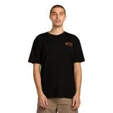 Remera Volcom de manga corta, color negro, con diseño clásico de cuello redondo y pequeño estampado naranja en el pecho con el logo de la marca.
