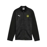Campera deportiva Puma del Club Atlético Peñarol, color negro con cierre frontal completo. Presenta un diseño gráfico de líneas onduladas en el panel frontal, el logo de la marca en blanco y el escudo del club en amarillo y negro.
