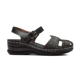 Sandalia casual negra con diseño de tiras cruzadas y hebilla lateral.