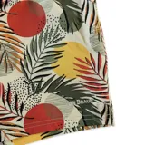 Short de baño Von Braun con estampado tropical de hojas y círculos en tonos rojos, amarillos y verdes sobre fondo claro. Cuenta con cintura elástica, dos bolsillos laterales, un bolsillo trasero con cierre y etiqueta de la marca.