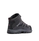 Bota de trekking Columbia modelo Crestwood Mid Waterproof, color gris oscuro con detalles en negro y cordones con toques rojizos. Presenta una estructura combinada de cuero y malla transpirable, con puntera reforzada y suela de goma con tracción avanzada.