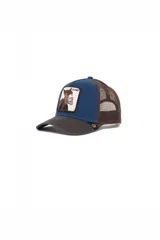 Gorro trucker Goorin Bros con frente azul, visera gris, malla marrón y parche con un burro y la palabra "Dumb".
