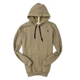 Canguro tostado de algodón con capucha, cordones negros, bolsillo tipo canguro y logo bordado en el pecho.