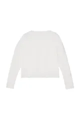 Camiseta cropped fit de manga larga color blanco, con cuello redondo, corte relajado y acabados irregulares.