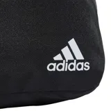 Mochila Adidas negra con tres rayas horizontales blancas en la parte superior y logo de Adidas en la parte inferior. Incluye un estuche pequeño con cierre y logo de Adidas.