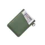 Billetera vertical de cuero genuino en color verde militar con bolsillo elástico estampado con patrón topográfico. Incluye protección RFID y argolla lateral.