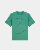 Remera de corte regular color verde, con cuello redondo y mangas cortas. Presenta un diseño gráfico estampado en el frente con flechas curvas y texto técnico.