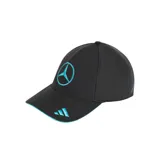 Gorra Adidas de la colección Mercedes-AMG Petronas F1, modelo George Russell, en color negro con detalles en celeste. Presenta el logo de Mercedes bordado en el frente y el logo de Adidas en la visera.