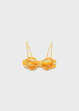 Top de bikini con estampado de rayas horizontales en tonos naranja, amarillo y celeste. Tiene tirantes extraíbles, cierre de gancho en la espalda y aros.