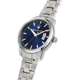 Reloj Maserati modelo Successo R8853121011 para hombre, con caja de acero inoxidable plateada de 42mm y brazalete de acero plateado con detalles dorados. Tiene esfera azul con el logo de Maserati, movimiento de cuarzo Miyota, cristal mineral y ventana de fecha. Resistencia al agua de 5 ATM.