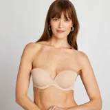 Sujetador bandeau color piel con breteles extraíbles.