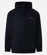 Saco negro de fleece con capucha, cierre de cremallera y cordón para ajustar la capucha.