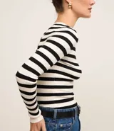 Suéter de punto con cuello redondo y rayas horizontales rojas y blancas.