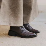 Bota corta de cuero vacuno con acabado metalizado y textura de reptil. Presenta punta fina, cierre lateral interno y taco cuadrado de madera.