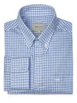 Camisa de manga larga de popelina de algodón RKF, con diseño a cuadros en tonos de azul sobre base blanca, cuello con botones y bolsillo en el pecho con logo bordado.