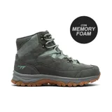 Bota de trekking Hi-Tec modelo Cailin, de caña media, confeccionada en gamuza y tejido técnico en color gris oscuro con detalles en verde menta. Cuenta con sistema de cordones con ganchos metálicos, entresuela acolchada y suela de goma dentada en color marrón para mayor tracción.