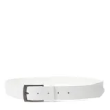 Cinto de cuero sintético color blanco con textura microperforada y hebilla metálica en tono oscuro.