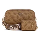 Cartera tipo bandolera Guess con diseño estructurado y estampado de monograma de la marca en tono marrón. Incluye un monedero pequeño desmontable en la correa y herrajes metálicos dorados.