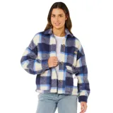 Campera tipo camisa de Rip Curl, confeccionada en tejido de punto con diseño de cuadros en tonos azul, celeste y blanco. Presenta cuello clásico, cierre frontal con botones, bolsillos delanteros y mangas largas con puños abotonados.
