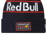 Gorro de lana tipo beanie con vuelta, color azul marino. Presenta el logo de Red Bull tejido en blanco con líneas rojas horizontales y un parche frontal con el logo de Oracle Red Bull Racing.