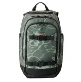 Mochila Rip Curl modelo Posse Motion de 33 litros, en color verde con estampado camuflado abstracto y base negra. Cuenta con correas frontales con hebillas, compartimento principal con cierre y múltiples bolsillos.