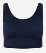 Top deportivo Get Over color azul marino, de diseño seamless, con escote en U, breteles anchos y tejido acanalado sin costuras.