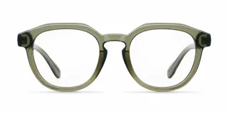 Lentes blueblocker con armazón de acetato verde translúcido, de diseño redondo y angular.