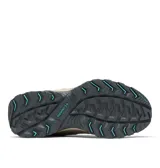 Championes de trekking Columbia modelo Crestwood, con diseño de caña baja. Presentan una combinación de cuero gamuzado y malla técnica en tonos gris y beige, con detalles en color turquesa en los cordones y el interior. Cuentan con entresuela Techlite para amortiguación y suela de goma Omni-Grip de alta tracción.