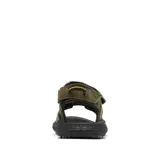 Sandalias de trekking Columbia modelo Konos Hiker 3-Strap, color verde militar con suela negra. Cuentan con tiras de ante y piel sintética con ajuste de velcro y detalles de la marca en amarillo.