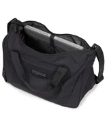 Bolso deportivo tipo duffel de la marca Jansport, color bordó, con doble asa de mano y correa ajustable para hombro. Cuenta con cierre principal, bolsillo frontal con cierre y logo de la marca aplicado.