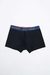 Boxer negro de algodón con elástico azul y naranja personalizado con la palabra "UNIFORM" en naranja.