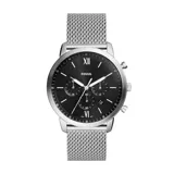 Reloj cronógrafo Fossil Neutra con caja de acero inoxidable plateado de 44 mm y malla de acero tipo milanesa. Esfera negra con índices, manecillas luminiscentes, ventana de fecha y tres subesferas.