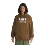 Buzo marrón con capucha y bolsillo tipo canguro. Estampado frontal con el logo de Vans en blanco y la leyenda "Breaking space since 1966".