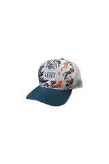 Gorra de béisbol Levi's con visera curva azul y estampado floral en tonos naranja, blanco y negro.