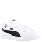 Championes Puma modelo Up, de estilo urbano y diseño clásico. Presentan una capellada de cuero sintético en color negro con la icónica franja lateral de la marca en color blanco y suela de goma blanca.