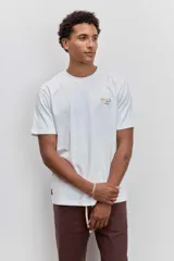 Remera de algodón color marrón chocolate, de corte clásico y cuello redondo, con un pequeño estampado gráfico en el pecho.