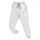 Pantalón de jogging gris claro con puños elásticos en los tobillos, cintura con cordón ajustable y bolsillos laterales.