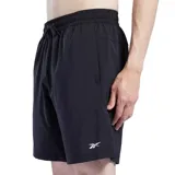 Short deportivo Reebok para hombre, color negro, con logo Reebok en blanco en la pierna izquierda. Presenta un ajuste regular, cintura elástica con cordón y bolsillos laterales.