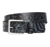 Cinturón Volcom de cuero con estampado gráfico integral en tonos negro y gris. Cuenta con hebilla metálica plateada y presilla con el logo de la marca grabado.