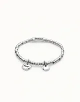 Pulsera elástica de cuentas plateadas con abalorios de lacre, uno de ellos con la palabra "Amor" grabada.