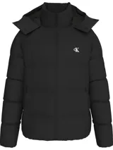 Campera puffer negra con capucha desmontable, cierre frontal con cremallera, bolsillos laterales con cremallera, puños y bajo elásticos, y logo de Calvin Klein bordado en el pecho.