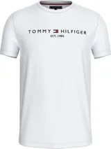 Remera blanca de algodón con cuello redondo y logo de Tommy Hilfiger bordado en el pecho.