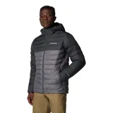 Campera técnica Columbia con tecnología Omni-Heat termorreflectante y aislamiento Thermarator. Presenta un diseño bicolor en tonos gris oscuro y gris medio, con capucha ajustable, cierre frontal completo, bolsillos laterales con cremallera y puños elásticos.