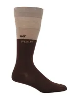 Calcetines largos marrones con detalles en beige y logo de pato.