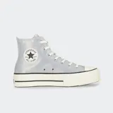 Championes de plataforma Converse Chuck Taylor All Star Lift, con parte superior textil de fibras metalizadas iridiscentes en color plateado, suela de goma blanca con detalles negros y amortiguación OrthoLite.
