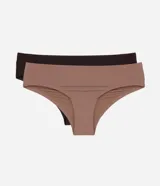 Kit de dos bombachas tipo bikini de microfibra, sin costuras visibles, en colores marrón y negro.
