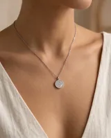 Collar de acero con dije redondo que presenta un diseño interior de trébol y detalles de circonias.
