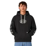 Canguro negro Critical Slide Cogs Hoodie, con capucha ajustable mediante cordones blancos, bolsillo tipo canguro en el frente y estampados gráficos en color blanco en el pecho y las mangas.