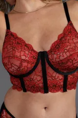 Corset corto con aro confeccionado en puntilla elastizada roja y negra. Breteles elásticos regulables y espalda ancha con broches regulables.