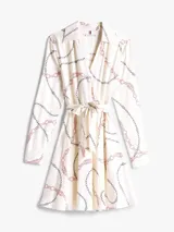 Minivestido cruzado de viscosa color crema con estampado de cadenas en negro y rosa, cuello en V y cinturón anudable.